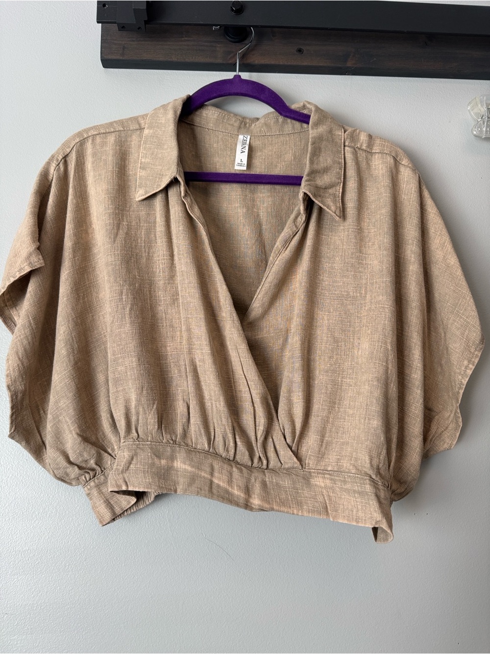 Neutral Beige Cropped Collared V-Neck Top